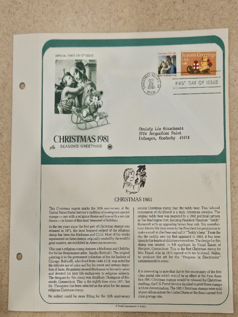 RARE COLLECTIBLE USPS 1ST DAY ISSUE COVER CHRISTMAS 1981 SEASONS GREETINGS STAMP